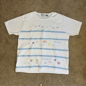 Coastal Women's Blouse Beach Rhinestones Mesh Shoulder Pads White Short Sleeve